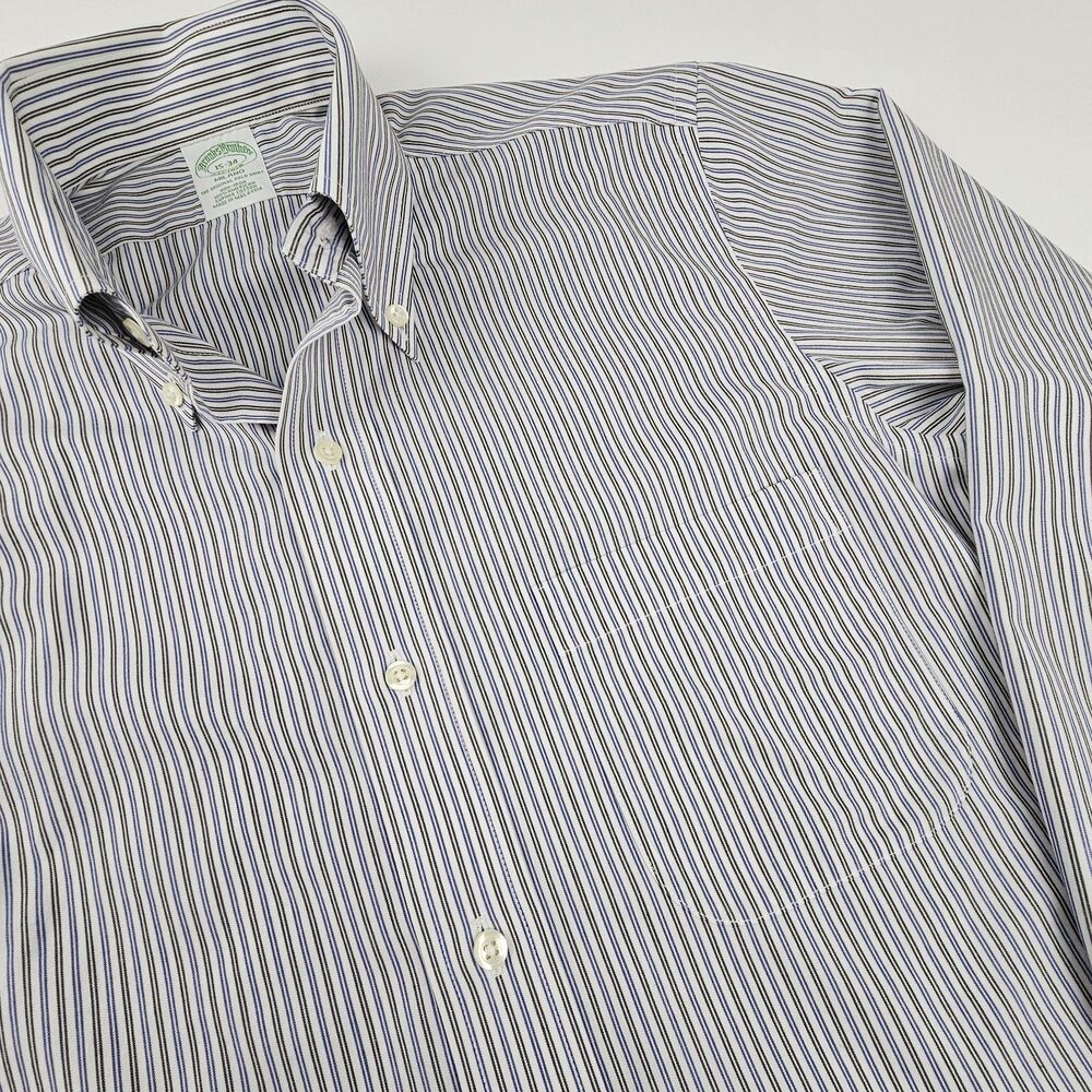 Brooks Brothers Milano Dress Shirt Mens 15-34 Blue Black Stripe Non Iron Cotton